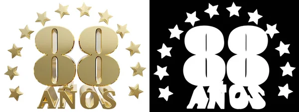 Achtundachtzig goldene Ziffer und das Wort des Jahres, dekoriert mit Sternen. Aus dem Spanischen übersetzt. 3D-Illustration — Stockfoto