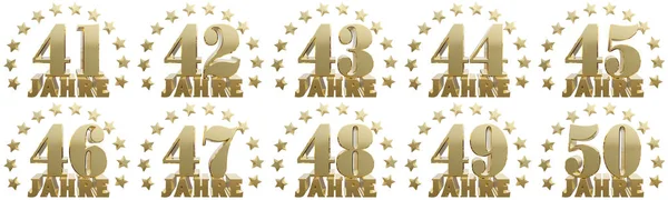 Set of gold numbers and lettering of the year, decorated with stars. Translated from the German- years. 3D illustration