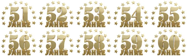 Set gouden getallen en letters van het jaar, gedecoreerd met sterren. Vertaald uit het Duits-jaar. 3D illustratie — Stockfoto