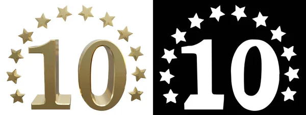 Золотий номер десять, прикрашений колом зірок. 3D ілюстрація — стокове фото