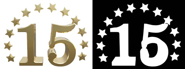 Ouro número quinze, decorado com um círculo de estrelas. Ilustração 3D — Fotografia de Stock