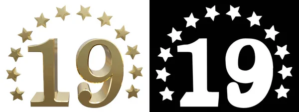 Número de oro diecinueve, decorado con un círculo de estrellas. Ilustración 3D — Foto de Stock