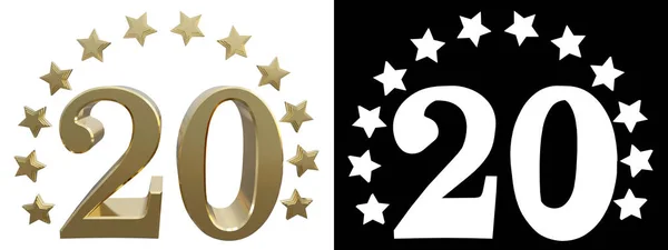 Oro número veinte, decorado con un círculo de estrellas. Ilustración 3D — Foto de Stock