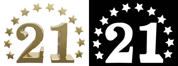 Ouro número vinte e um, decorado com um círculo de estrelas. Ilustração 3D — Fotografia de Stock