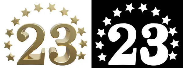 Oro numero ventitré, decorato con un cerchio di stelle. Illustrazione 3D — Foto Stock