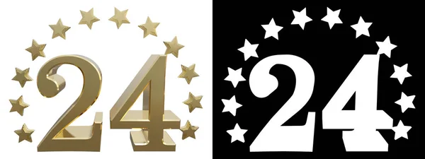 Oro numero ventiquattro, decorato con un cerchio di stelle. Illustrazione 3D — Foto Stock