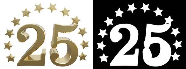 Золотий номер двадцять п'ять, прикрашений колом зірок. 3D ілюстрація — стокове фото