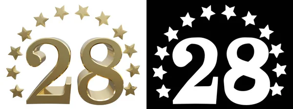 Gold number twenty eight, decorated with a circle of stars. 3D illustration — Stock Photo, Image