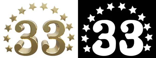 Gouden nummer drie van de dertig, versierd met een cirkel van sterren. 3D illustratie — Stockfoto