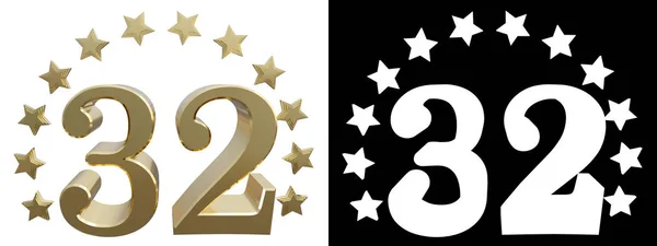 Ouro número trinta e dois, decorado com um círculo de estrelas. Ilustração 3D — Fotografia de Stock