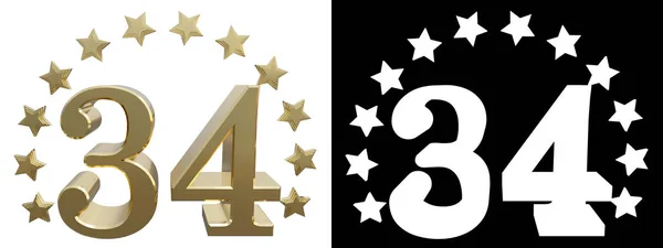 Gold number thirty four, decorated with a circle of stars. 3D illustration — Stock Photo, Image