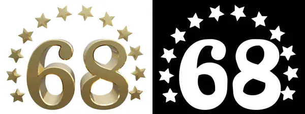 Oro numero sessantotto, decorato con un cerchio di stelle. Illustrazione 3D — Foto Stock