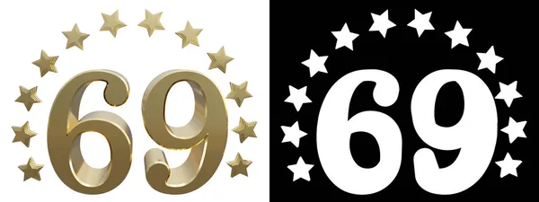 Oro numero sessantanove, decorato con un cerchio di stelle. Illustrazione 3D — Foto Stock