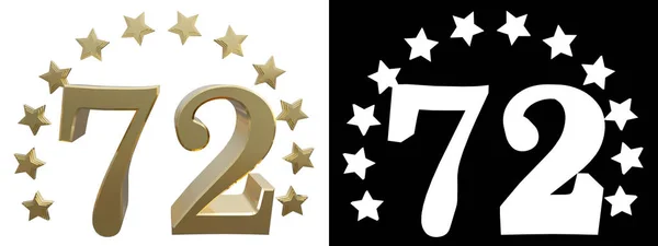 Oro numero 72, decorato con un cerchio di stelle. Illustrazione 3D — Foto Stock