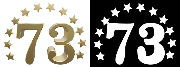 Guld nummer sjuttio tre, dekorerad med en cirkel av stjärnor. 3D illustration — Stockfoto
