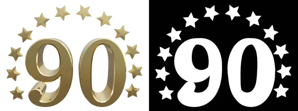 Numero d'oro novanta, decorato con un cerchio di stelle. Illustrazione 3D — Foto Stock