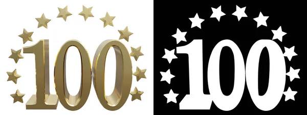 Oro numero cento, decorato con un cerchio di stelle. Illustrazione 3D — Foto Stock