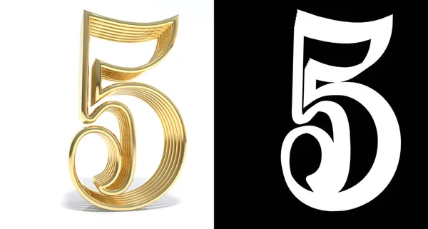 Golden number five on white background with drop shadow and alph — Stock Photo, Image