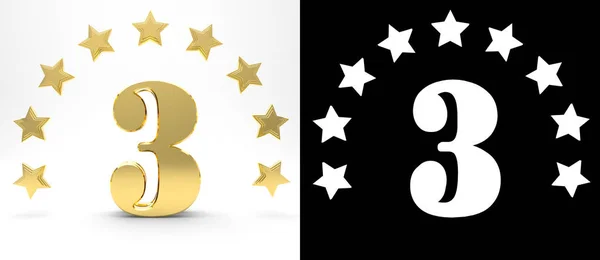 Ouro número três em fundo branco com sombra de gota e canal alfa, decorado com um círculo de estrelas. Ilustração 3D — Fotografia de Stock