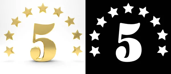 Golden number five on white background with drop shadow and alpha channel , decorated with a circle of stars. 3D illustration — Stock Photo, Image