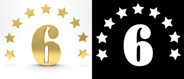 Golden number six on white background with drop shadow and alpha channel , decorated with a circle of stars. 3D illustration — Stock Photo, Image