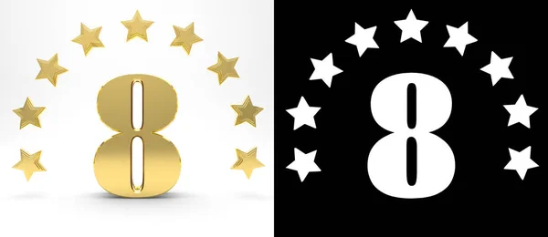 Número ocho dorado sobre fondo blanco con sombra y canal alfa, decorado con un círculo de estrellas. Ilustración 3D —  Fotos de Stock