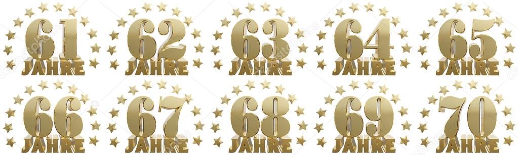 Set of gold numbers and lettering of the year, decorated with stars. Translated from the German- years. 3D illustration
