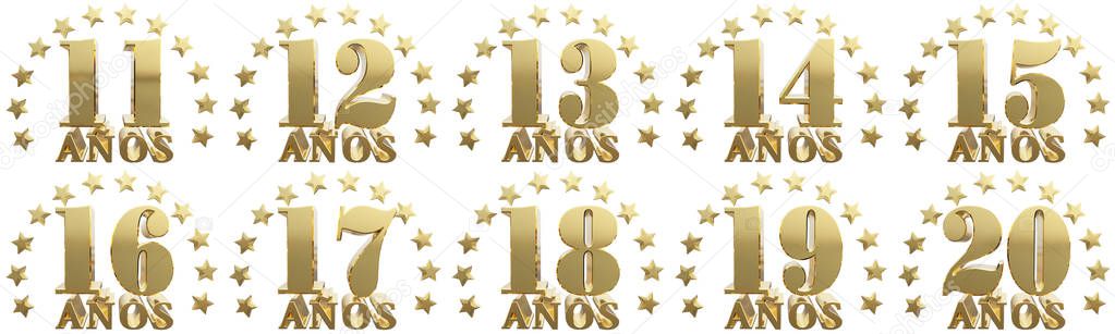 Set of gold numbers and lettering of the year, decorated with stars. Translated from the Spanish - years. 3D illustration