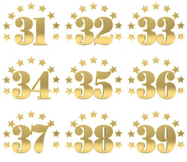 Altın basamak üzerinden otuz bir için otuz yıldız bir daire ile dekore edilmiş dokuz, kümesi. 3D çizim