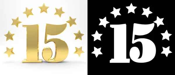Número dorado quince sobre fondo blanco con sombra de gota y canal alfa, decorado con un círculo de estrellas. Ilustración 3D —  Fotos de Stock