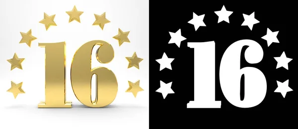 Goldene Zahl sechzehn auf weißem Hintergrund mit Schlagschatten und Alphakanal, dekoriert mit einem Kreis von Sternen. 3D-Illustration — Stockfoto