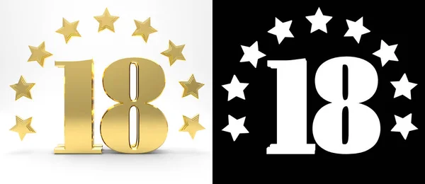 Golden number eighteen on white background with drop shadow and alpha channel , decorated with a circle of stars. 3D illustration — Stock Photo, Image