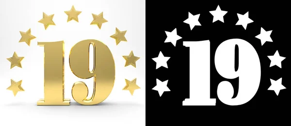 Golden number nineteen on white background with drop shadow and alpha channel , decorated with a circle of stars. 3D illustration — Stock Photo, Image