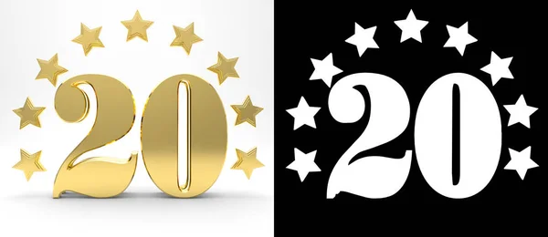 Goldene Zahl zwanzig auf weißem Hintergrund mit Schlagschatten und Alphakanal, dekoriert mit einem Kreis von Sternen. 3D-Illustration — Stockfoto