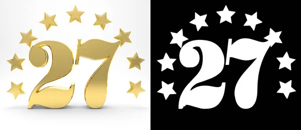 Ouro número vinte e sete em fundo branco com sombra de gota e canal alfa, decorado com um círculo de estrelas. Ilustração 3D — Fotografia de Stock