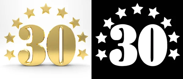 Gouden getal dertig op witte achtergrond met slagschaduw en alfakanaal, versierd met een cirkel van sterren. 3D illustratie — Stockfoto