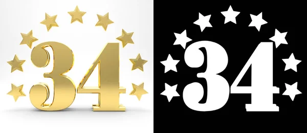 Gouden nummer dertig-vier op witte achtergrond met slagschaduw en alfakanaal, versierd met een cirkel van sterren. 3D illustratie — Stockfoto
