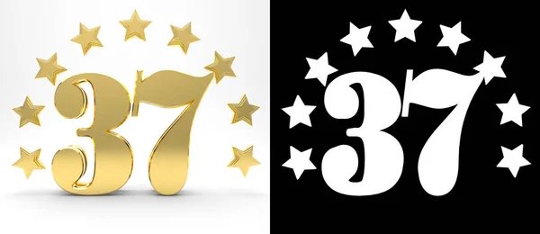 Gouden getal zevenendertig op witte achtergrond met slagschaduw en alfakanaal, versierd met een cirkel van sterren. 3D illustratie — Stockfoto
