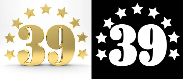 Número de oro treinta y nueve sobre fondo blanco con sombra de gota y canal alfa, decorado con un círculo de estrellas. Ilustración 3D —  Fotos de Stock