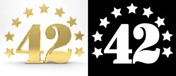 Gouden nummer veertig twee op witte achtergrond met slagschaduw en alfakanaal, versierd met een cirkel van sterren. 3D illustratie — Stockfoto