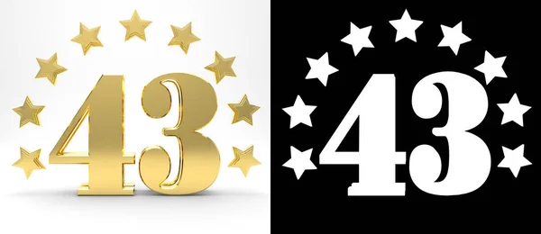 Ouro número quarenta e três em fundo branco com sombra de gota e canal alfa, decorado com um círculo de estrelas. Ilustração 3D — Fotografia de Stock