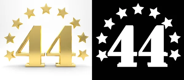 Golden number forty four on white background with drop shadow and alpha channel , decorated with a circle of stars. 3D illustration — Stock Photo, Image