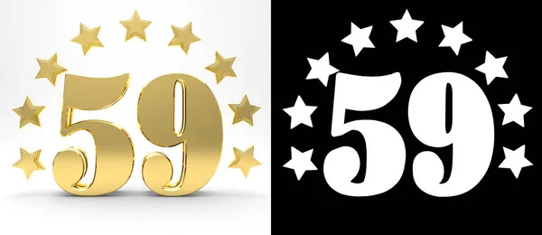 Golden number fifty nine on white background with drop shadow and alpha channel , decorated with a circle of stars. 3D illustration — Stock Photo, Image