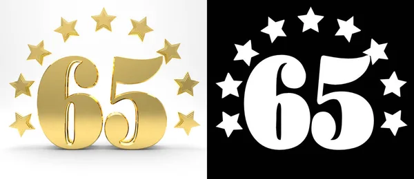 Número dourado sessenta e cinco em fundo branco com sombra de gota e canal alfa, decorado com um círculo de estrelas. Ilustração 3D — Fotografia de Stock