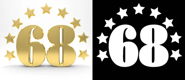 Número de oro sesenta y ocho sobre fondo blanco con sombra de gota y canal alfa, decorado con un círculo de estrellas. Ilustración 3D — Foto de Stock