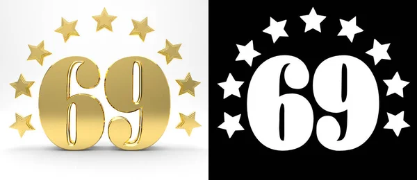 Oro número sesenta y nueve sobre fondo blanco con sombra de gota y canal alfa, decorado con un círculo de estrellas. Ilustración 3D — Foto de Stock