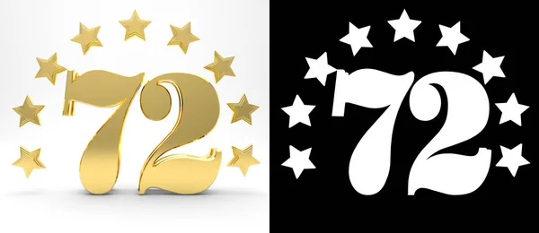 Numéro d'or soixante-douze sur fond blanc avec ombre portée et canal alpha, décoré d'un cercle d'étoiles. Illustration 3D — Photo