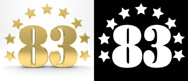 Numéro d'or oquatre-vingt-trois sur fond blanc avec ombre portée et canal alpha, décoré d'un cercle d'étoiles. Illustration 3D — Photo