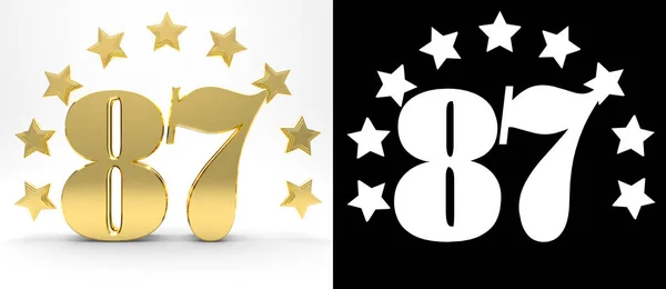 Numéro doré quatre-vingt-sept sur fond blanc avec ombre portée et canal alpha, décoré d'un cercle d'étoiles. Illustration 3D — Photo