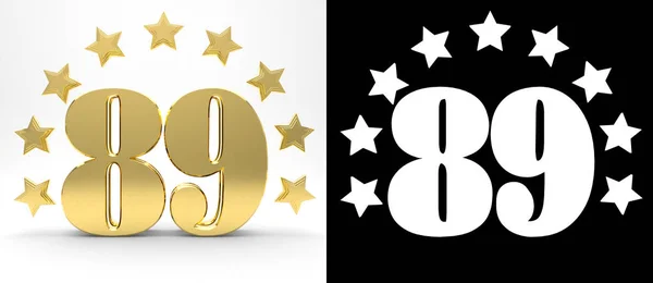 Golden number eighty nine on white background with drop shadow and alpha channel , decorated with a circle of stars. 3D illustration — Stock Photo, Image